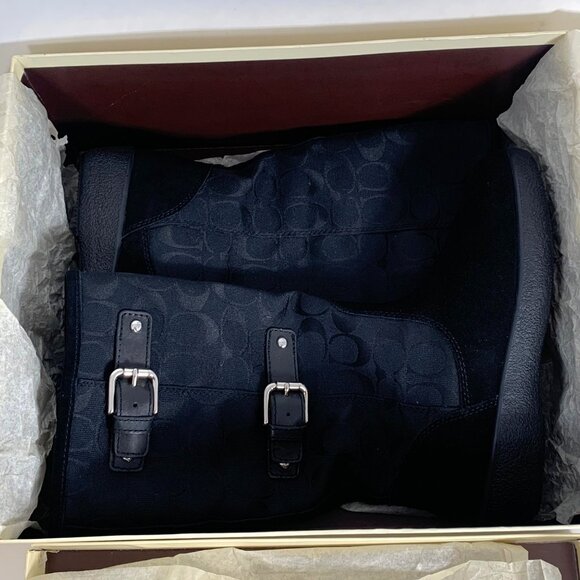 Coach Tinah Black Jacquard Signature Logo Suede Mid-Calf Boots Buckles SZ 6.5M - Picture 1 of 6